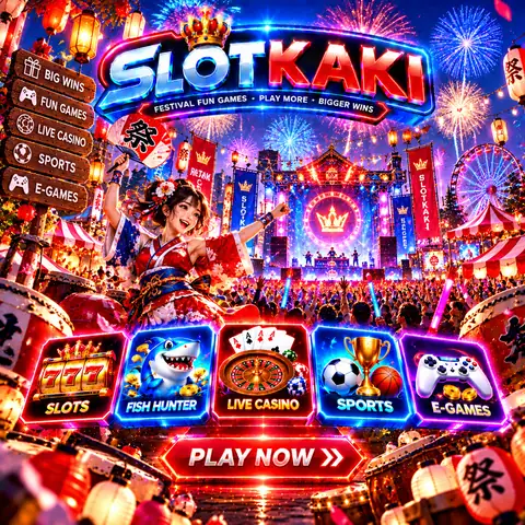 SLOTKAKI festival theme – banner neon blue: fireworks and a festival stage
