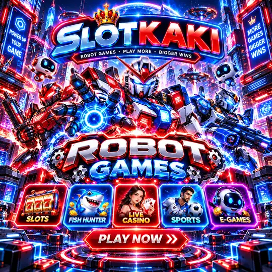 SLOTKAKI robot theme – banner neon blue: robots and machines