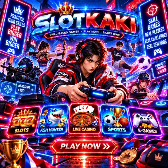 SLOTKAKI skill-based games – banner neon blue: player holding a controller