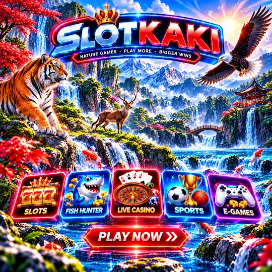 SLOTKAKI tema alam – banner biru neon: air terjun dan hidupan liar