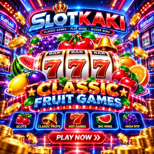 SLOTKAKI tema buah klasik – banner biru neon: buah-buahan dan simbol 777