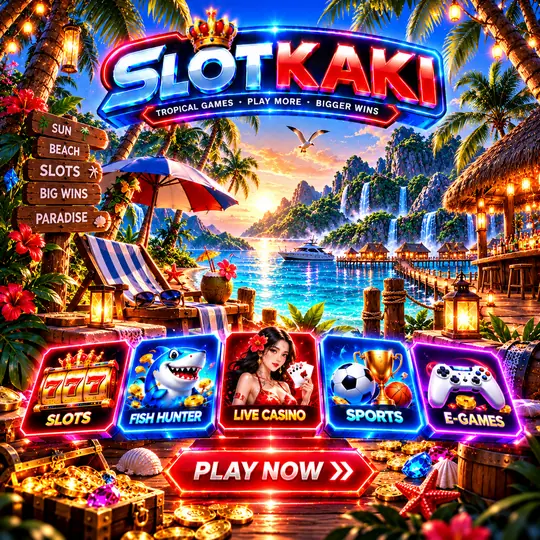 SLOTKAKI tema pulau tropika – banner biru neon: pantai, pokok kelapa dan matahari terbenam