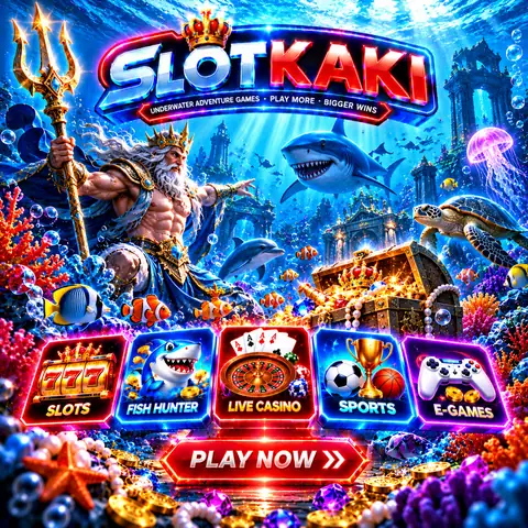 SLOTKAKI underwater theme – banner neon blue: Poseidon and a coral reef